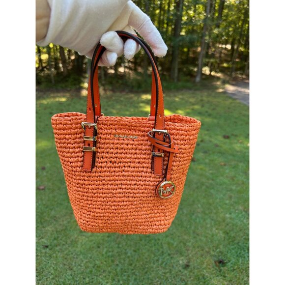 Michael Kors Quinn Extra Small North South Straw Tote Orange Punch 32S5GQNC0W - Picture 7 of 16